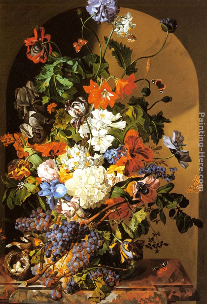 A Still Life with Flowers and Grapes painting - Leopold Zinnogger A Still Life with Flowers and Grapes art painting